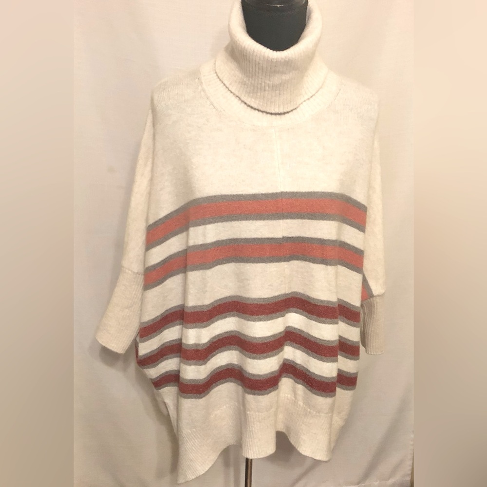 LOFT Oversized Striped 3/4 Sleeve Turtleneck Sweater Size Small